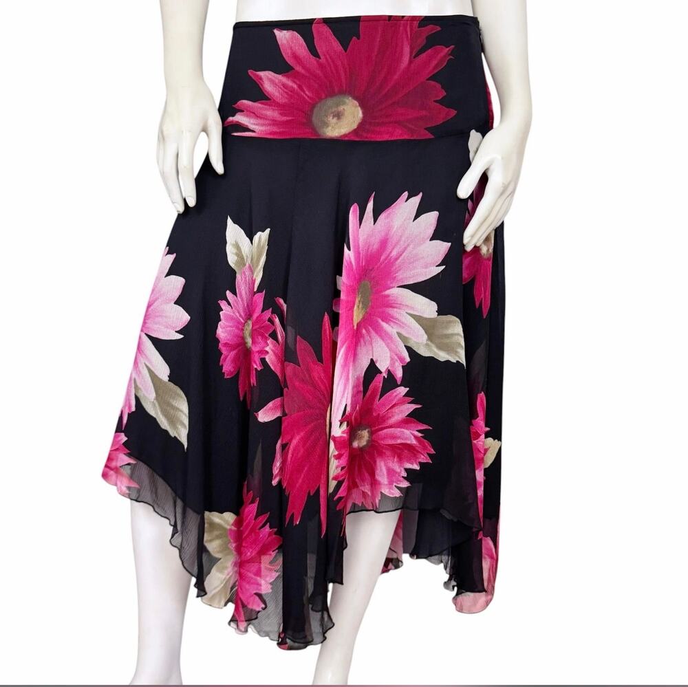 Karen Kane Black Pink Floral Asymmetrical Midi Skirt Size 16